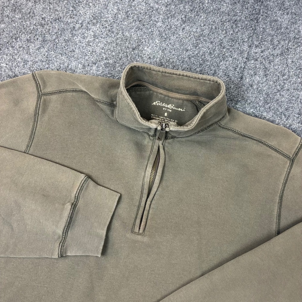 Eddie Bauer Mens Small Quarter Zip Pullover Sweatshirt Olive Drab Taupe Cotton